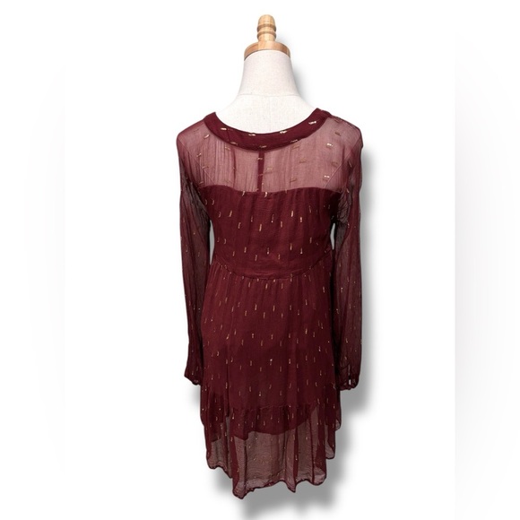 Sezane Stella Long Sleeve Silk-feel Boho Metallic Speckled Mini Dress Brick Red - Picture 6 of 13